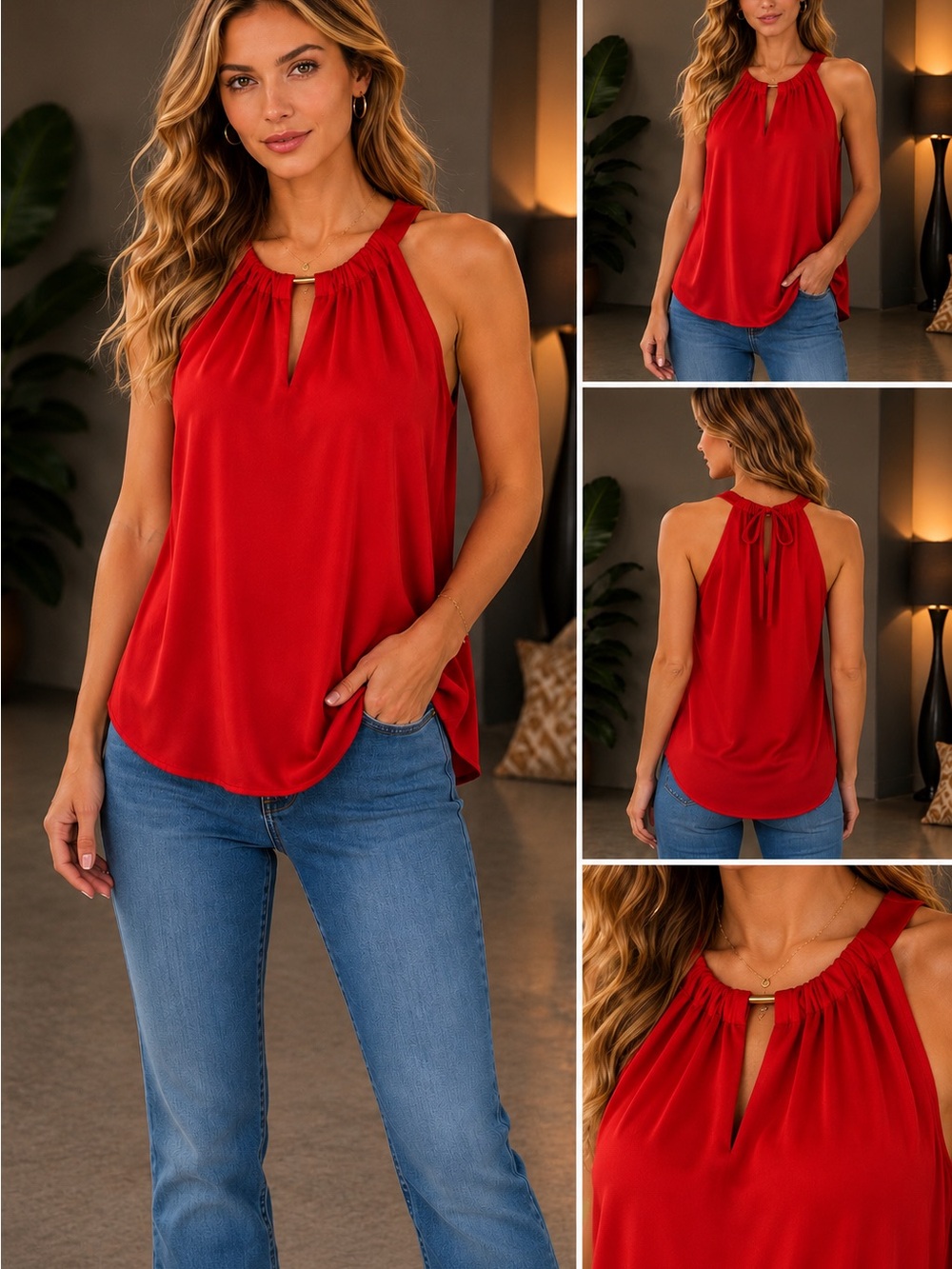 NEW Women’s Red Silky Halter Peekaboo Slit Gold Sleeveless Neck Tie-Back Top S